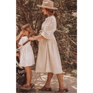 JessaKae In The Clouds Beige Cream Checkered Puff Sleeve Midi Dress Women’s M